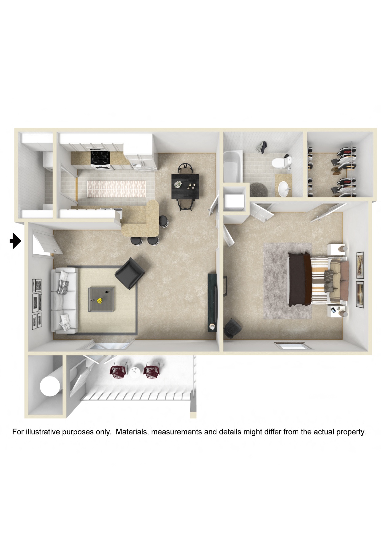 Floor plan for 1 bed, 1 bath, 761 sqft